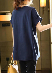 French Navy O Neck Zircon Patchwork Cotton T Shirt Summer