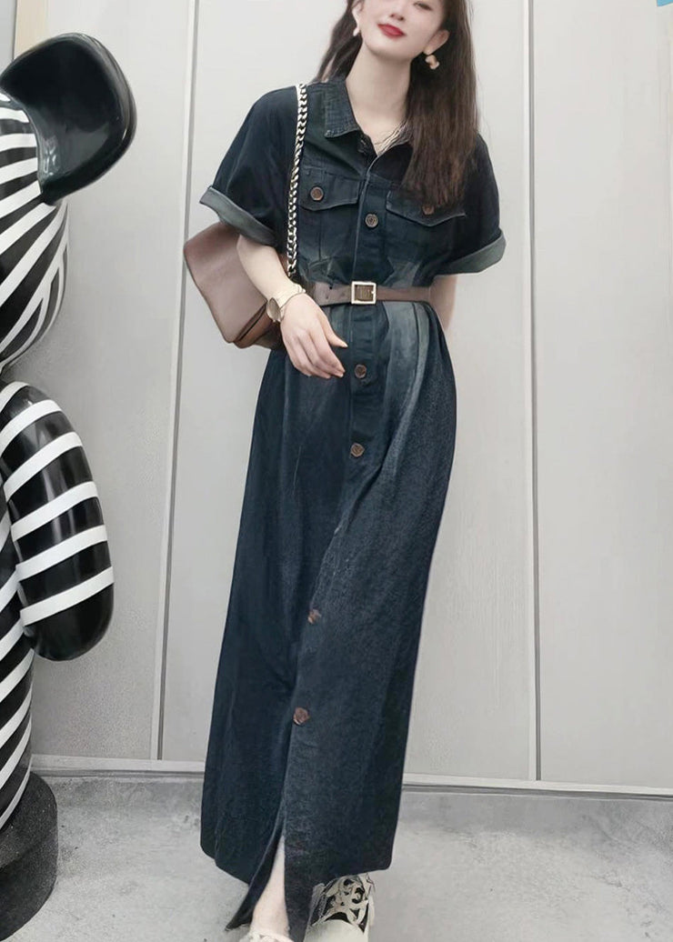 French Navy Peter Pan Collar Patchwork Button Denim Maxi Dress Summer