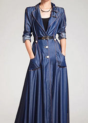 French Navy Peter Pan Collar Patchwork Tie Waist Denim Dress Long Sleeve