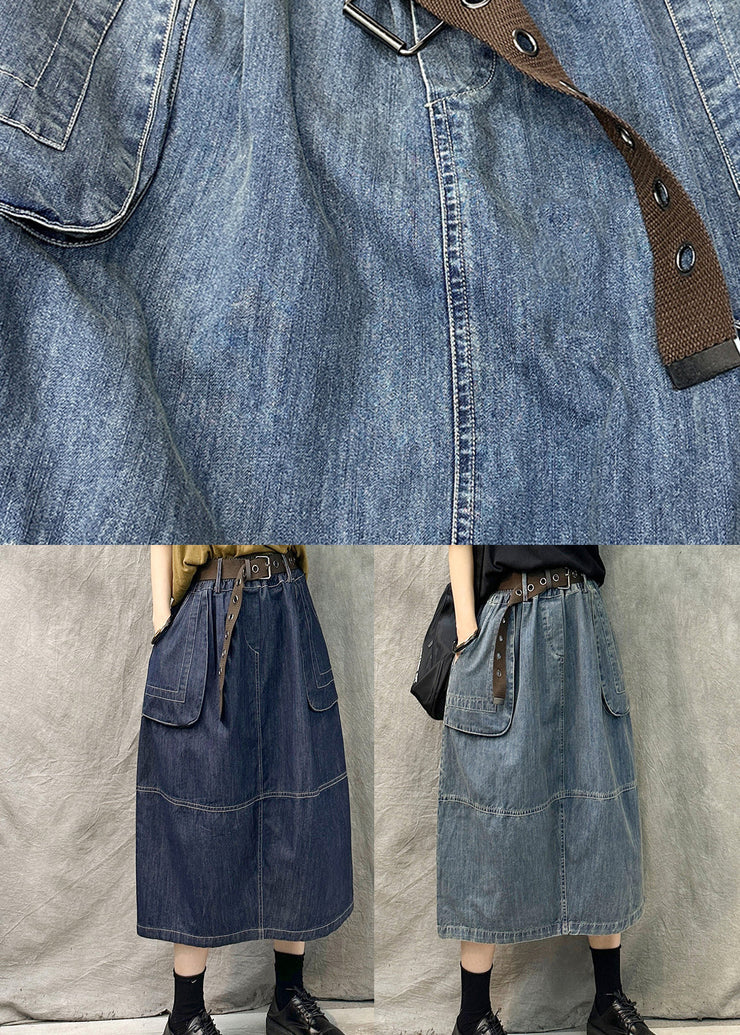 French Navy Pockets Patchwork Denim Straight Skirt Summer