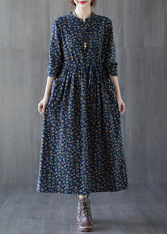 French Navy Print Lace Up Patchwork Cotton Long Dress Fall