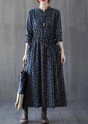 French Navy Print Lace Up Patchwork Cotton Long Dress Fall