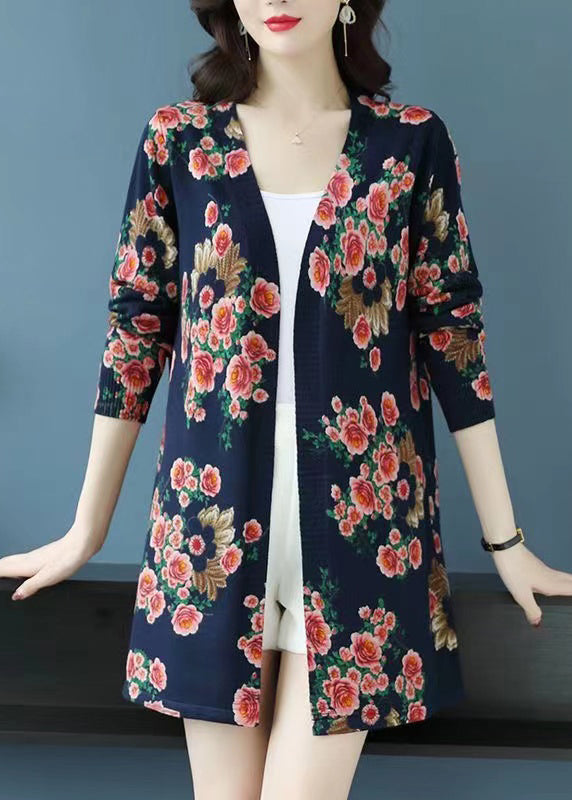 French Navy Print Patchwork Wool Knit Cardigan Spring