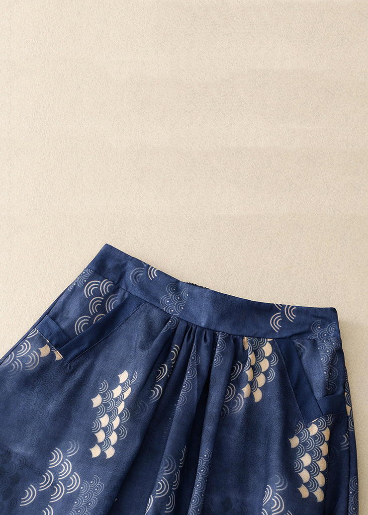 French Navy Print Pockets Elastic Waist Cotton Skirt Summer
