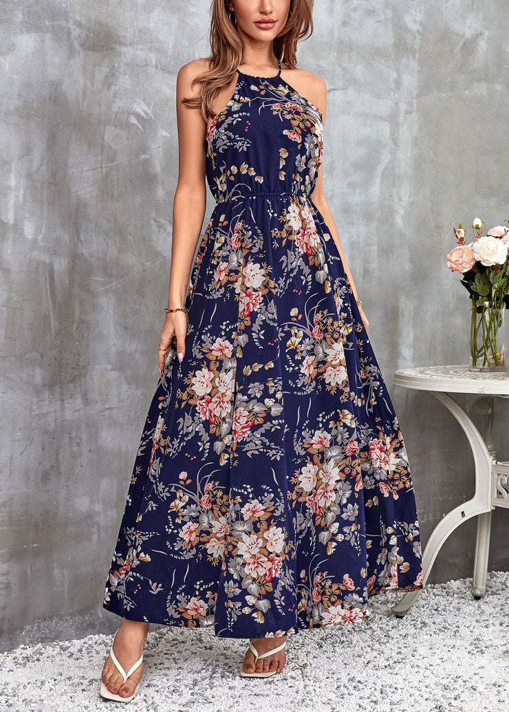 French Navy Print Side Open Cotton Long Dresses Sleeveless