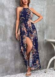 French Navy Print Side Open Cotton Long Dresses Sleeveless