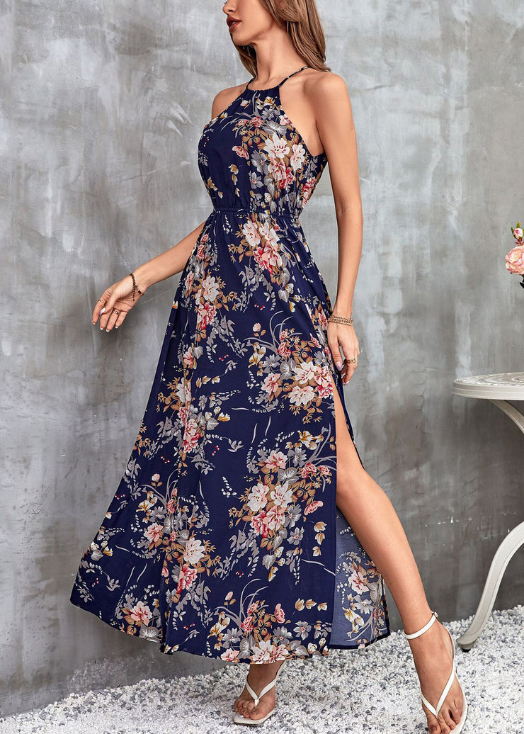 French Navy Print Side Open Cotton Long Dresses Sleeveless