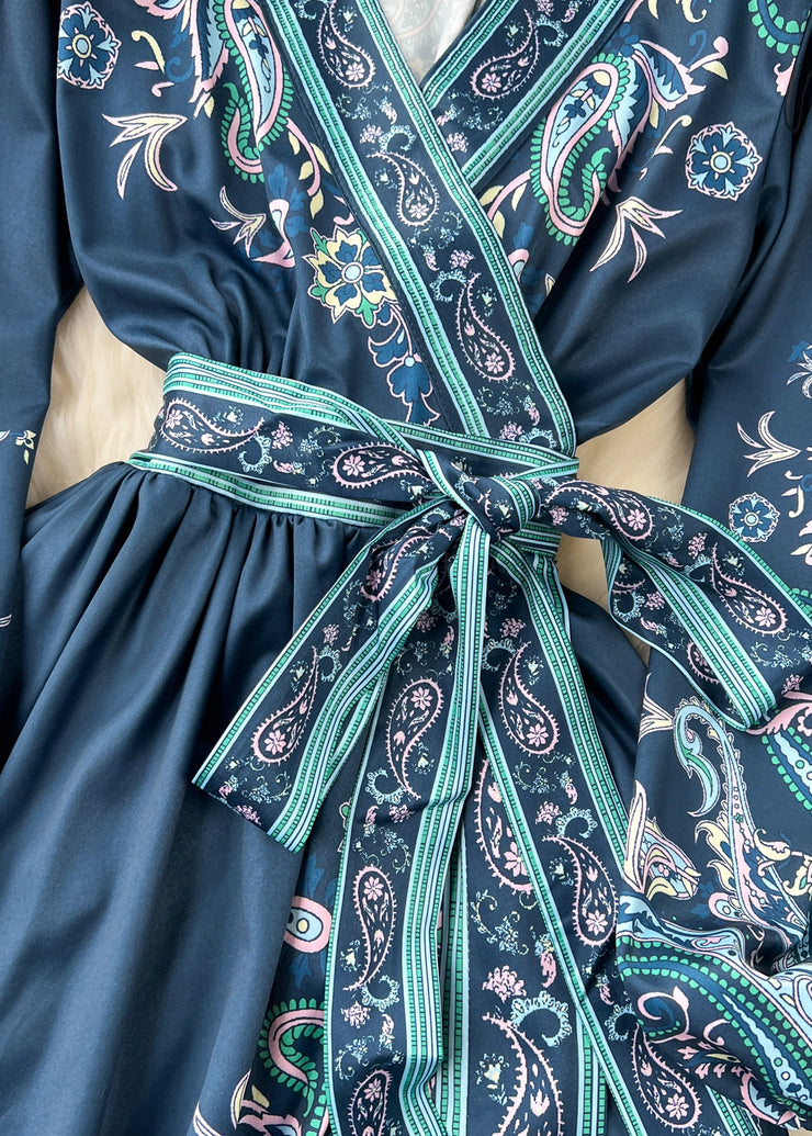 French Navy Print Tie Waist Cotton Long Dress Fall