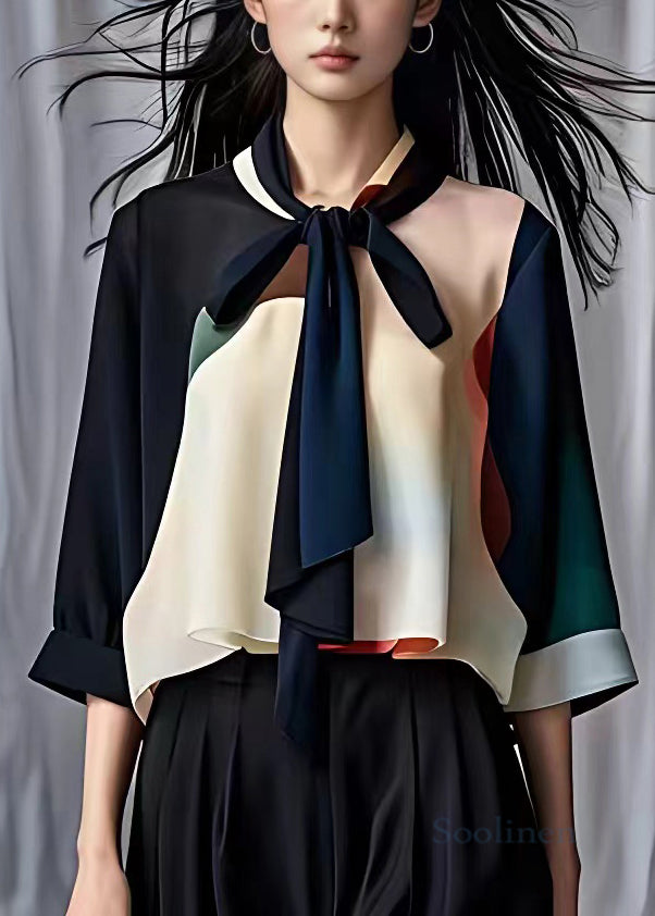 French Navy Scarf Collar Patchwork Chiffon Shirt Bracelet Sleeve