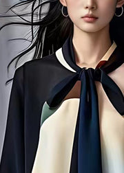 French Navy Scarf Collar Patchwork Chiffon Shirt Bracelet Sleeve