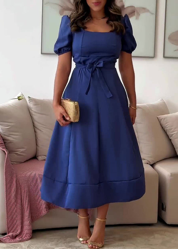 French Navy Square Collar Tie Waist Cotton Dress Puff Sleeve