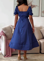 French Navy Square Collar Tie Waist Cotton Dress Puff Sleeve