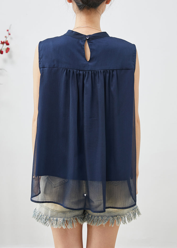 French Navy Stand Collar Chiffon Tanks Sleeveless