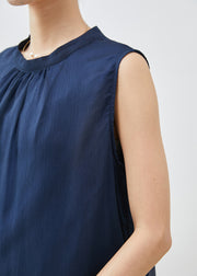 French Navy Stand Collar Chiffon Tanks Sleeveless