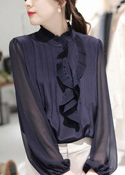 French Navy Stand Collar Ruffled Silk Blouses Spring