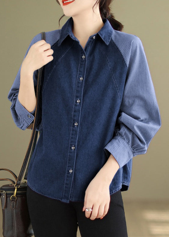 French Navy Striped Peter Pan Collar Patchwork Denim Shirts Long Sleeve