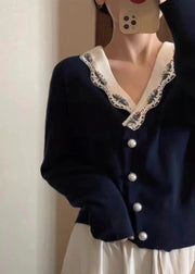 French Navy V Neck Button Patchwork Knit Coats Long Sleeve