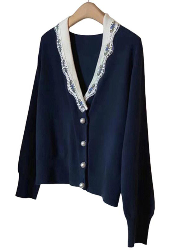 French Navy V Neck Button Patchwork Knit Coats Long Sleeve