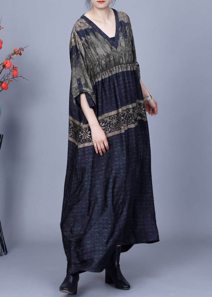 French Navy V Neck Print Pockets Silk Party Long Dress Spring