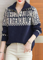 French Navy Zip Up Patchwork Cozy Wool Knit Tops Fall