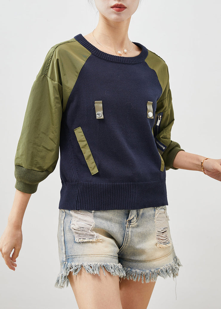 French Navy Zip Up Patchwork Knit Sweatshirts Top Spring