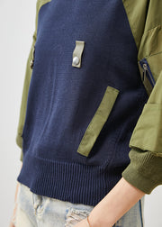 French Navy Zip Up Patchwork Knit Sweatshirts Top Spring