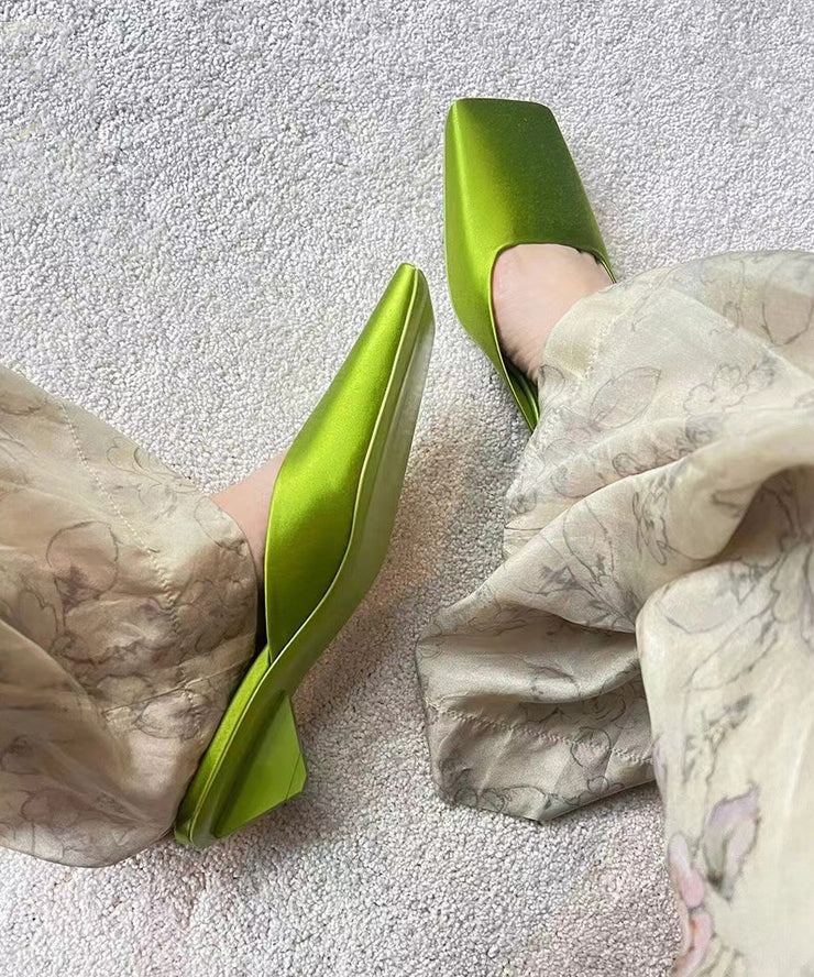 French New Satin Fluorescent Green Slide Sandals