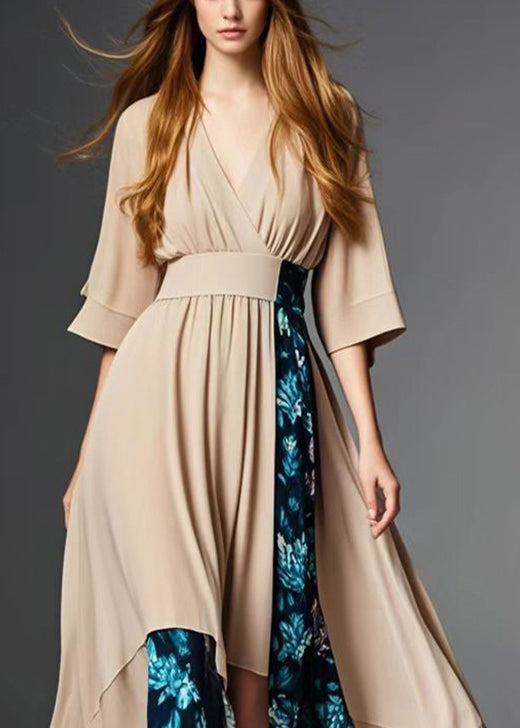 French Nude Asymmetrical Patchwork Chiffon Party Dress Summer