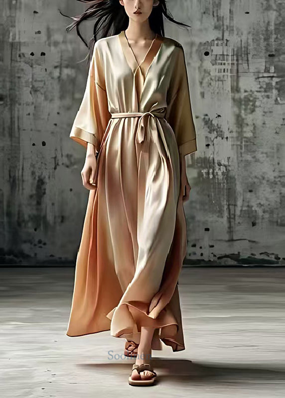 French Nude Tie Waist Exra Large Hem Silk Holiday Dress Summer