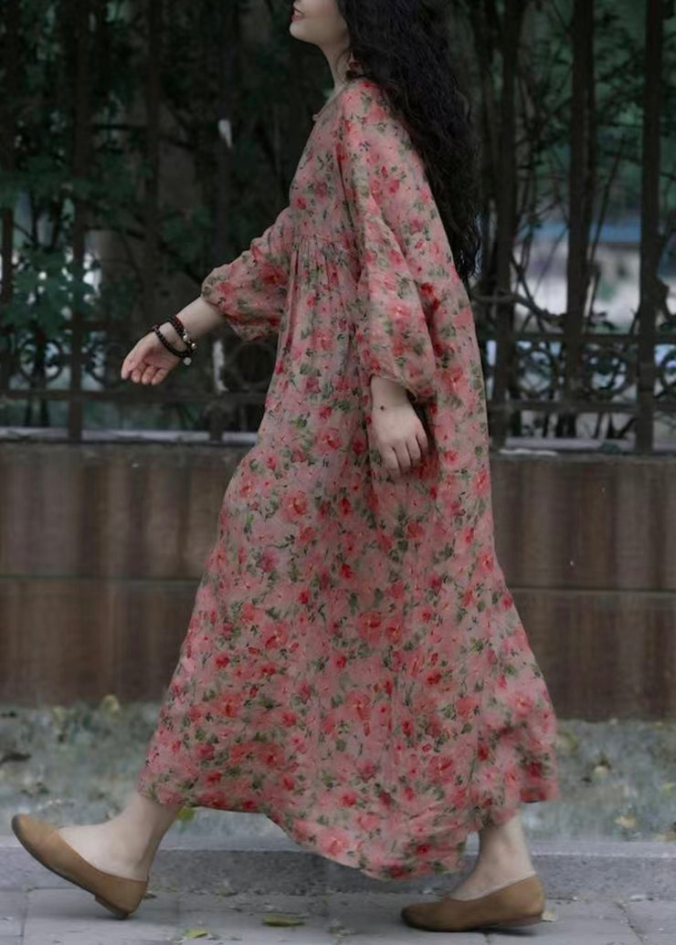 French O-Neck Print Wrinkled Cotton Dresses Spring