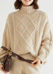 French Oatmeal Turtleneck Thick Cable Cashmere Sweater Spring