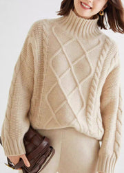 French Oatmeal Turtleneck Thick Cable Cashmere Sweater Spring