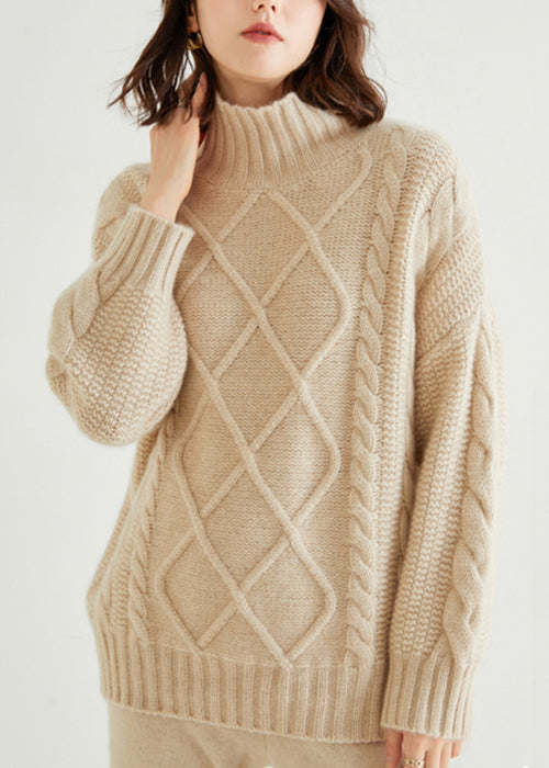 French Oatmeal Turtleneck Thick Cable Cashmere Sweater Spring