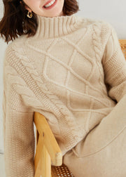 French Oatmeal Turtleneck Thick Cable Cashmere Sweater Spring