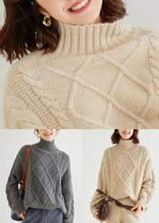 French Oatmeal Turtleneck Thick Cable Cashmere Sweater Spring