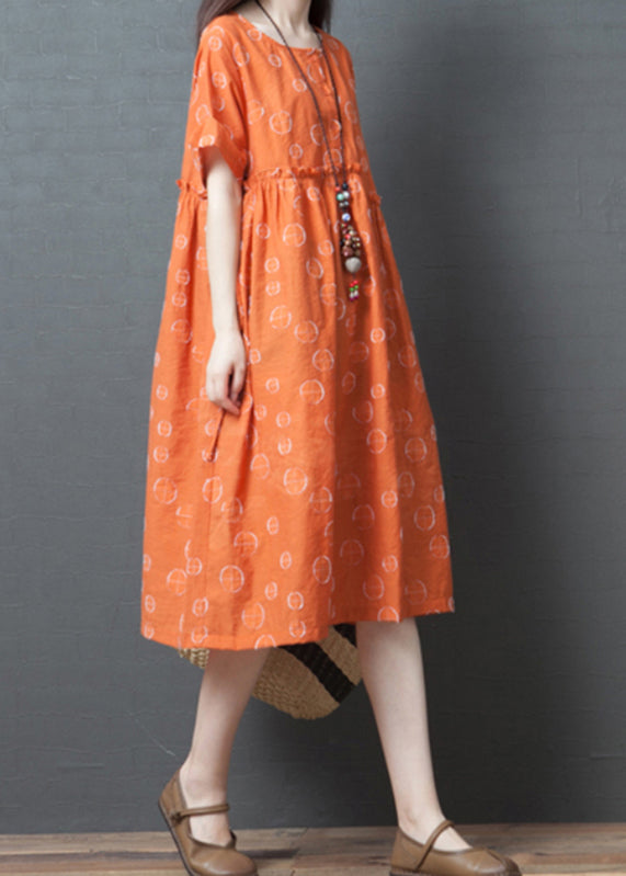 French Orange Dot Print Maxi Dress Short Sleeve