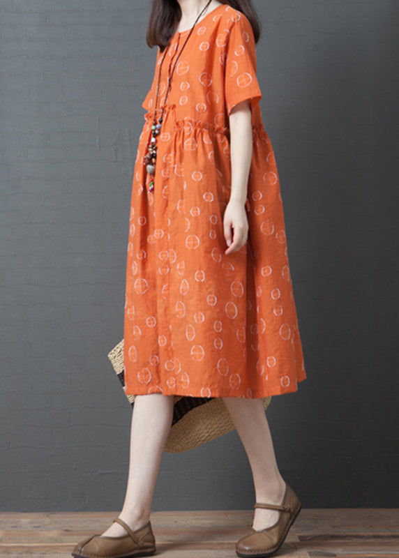 French Orange Dot Print Maxi Dress Short Sleeve