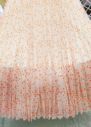 French Orange Elastic Waist Print Tulle Pleated Skirt Summer