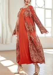 French Orange Embroidered Solid Tulle Two Piece Suit Spring