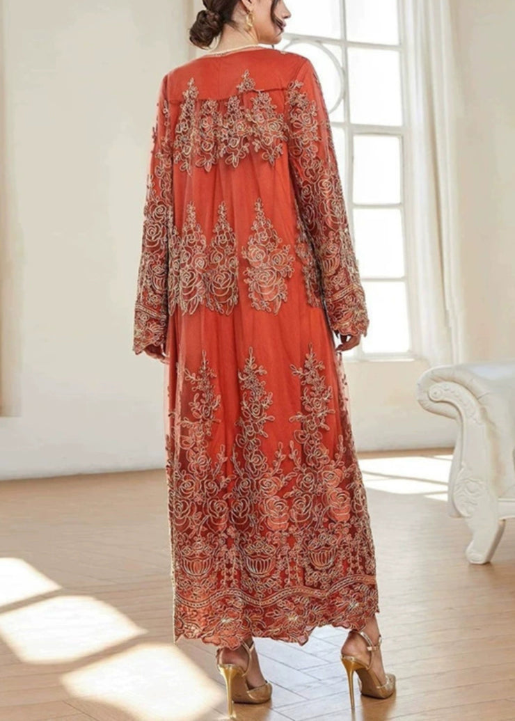 French Orange Embroidered Solid Tulle Two Piece Suit Spring