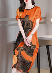 French Orange O Neck Print Patchwork Silk Dress Short Sleeve