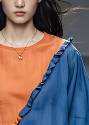 French Orange O Neck Ruffled Patchwork Cotton T Shirt Bracelet Sleeve