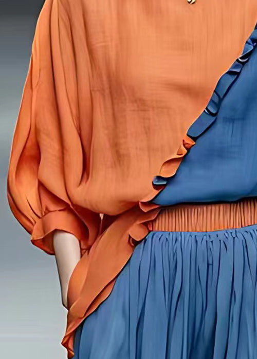French Orange O Neck Ruffled Patchwork Cotton T Shirt Bracelet Sleeve
