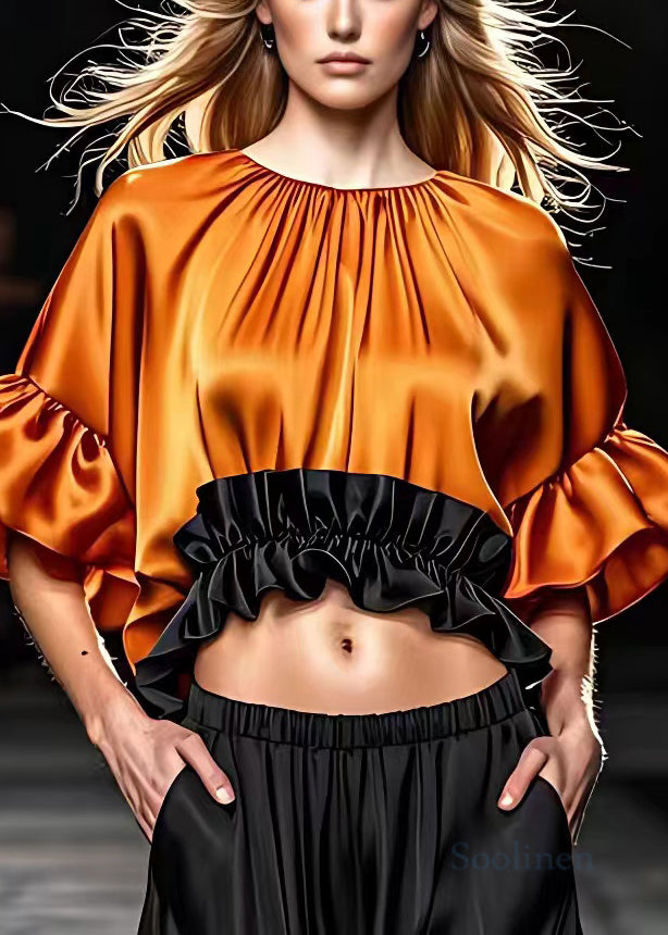 French Orange O Neck Ruffled Silk Blouse Flare Sleeve