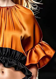 French Orange O Neck Ruffled Silk Blouse Flare Sleeve
