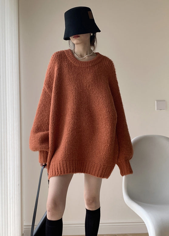 French Orange O Neck Thick Knit Sweater Tops Batwing Sleeve