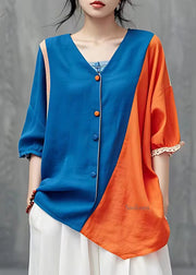French Orange Patchwork Button Shirt Fall