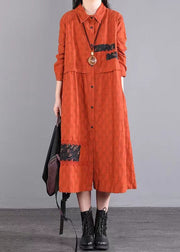 French Orange Peter Pan Collar Patchwork Cotton Shirts Dress Fall