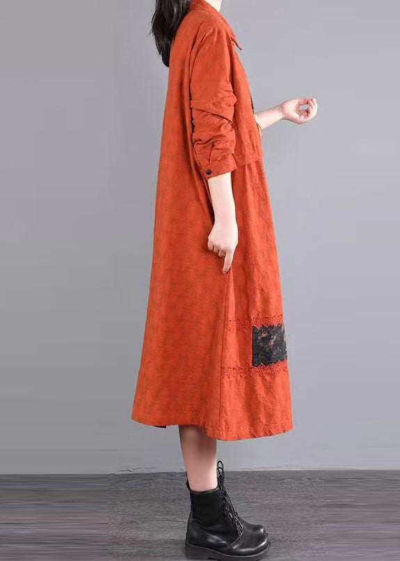 French Orange Peter Pan Collar Patchwork Cotton Shirts Dress Fall