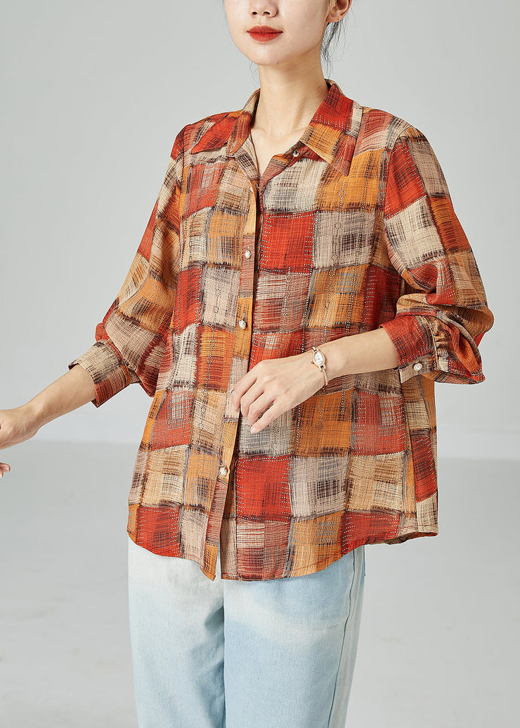 French Orange Peter Pan Collar Plaid Cotton Blouse Top Spring